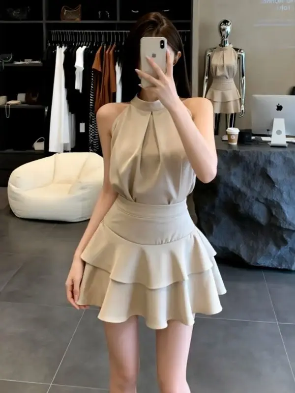 

Модный женский комплект с вырезом на шее, без рукавов, с юбкой на высокой талии, утягивающий, из двух предметов, дышащий, свободного кроя, весна-лето