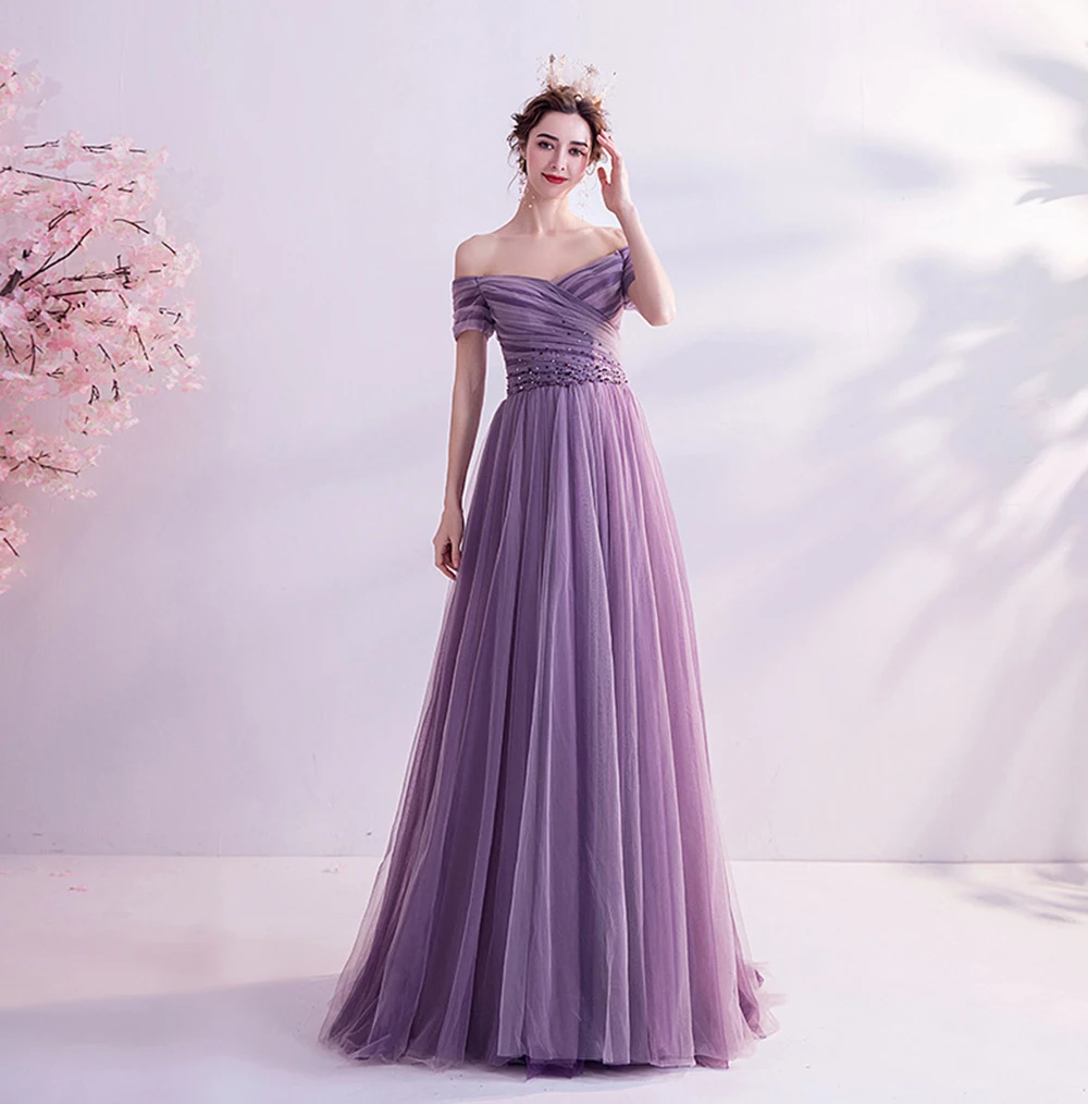 

Elegant Purple Women's Evening Dress Light Luxury High Quality Off Shoulder Beading A-line Prom Gown Floor Length A-line Vestido