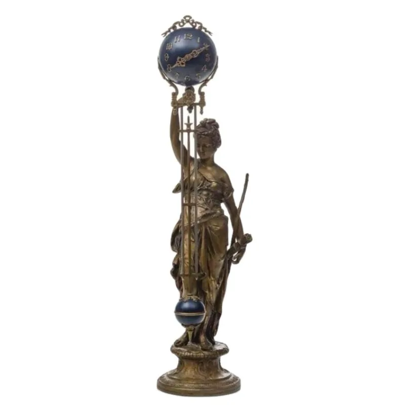 Mystery Cobalt Blue Ball 8 Day Brass Huntress Statue Antique Bronze Brass Swing/ Pendulum Mechanical Movement Table/Shelf Clock