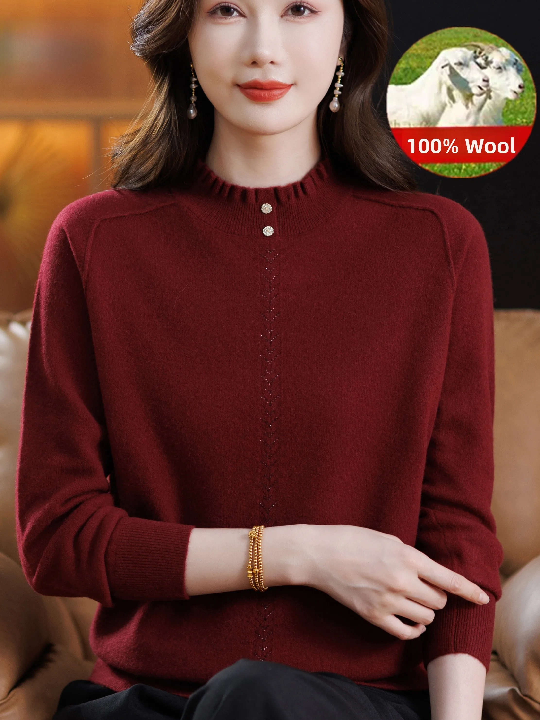 

Stylish 100% Pure Wool Sweater Women's Half High Collar Mid-Aged And Elderly Fashionable Mommy Clothes Autumn Winter Warm Bas...