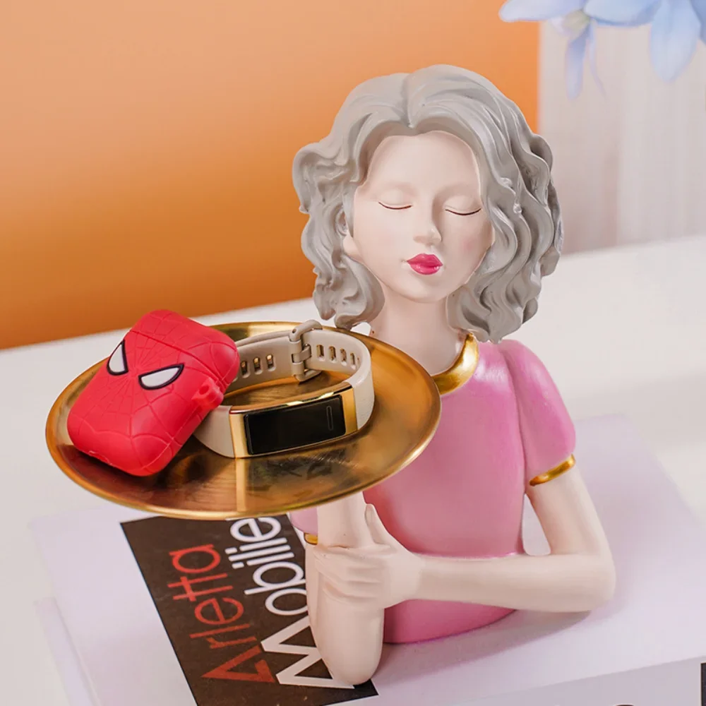 

Nordic Figure Sculpture Living Room Key Storage Ornament Home Decoration Tray Resin Decorative Girl Statue Craft Gifts Figurine