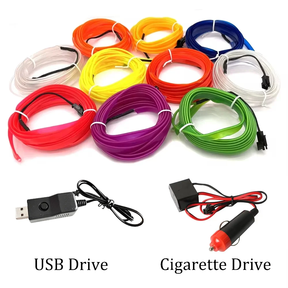 1M/2M/3M/5M Car Interior Lighting LED Strip Auto Decoration Wire Rope Tube Line Flexible Neon Lights with USB Drive Atmosphere