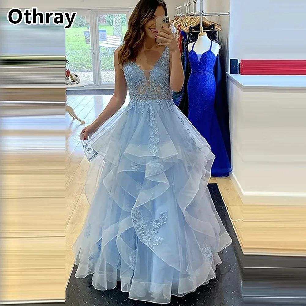 

Othray Sky Blue Princess Prom Dresses Elegant Long Fluffy Layered Ball Gowns Formal Evening Gowns Tulle Lace Applique Party