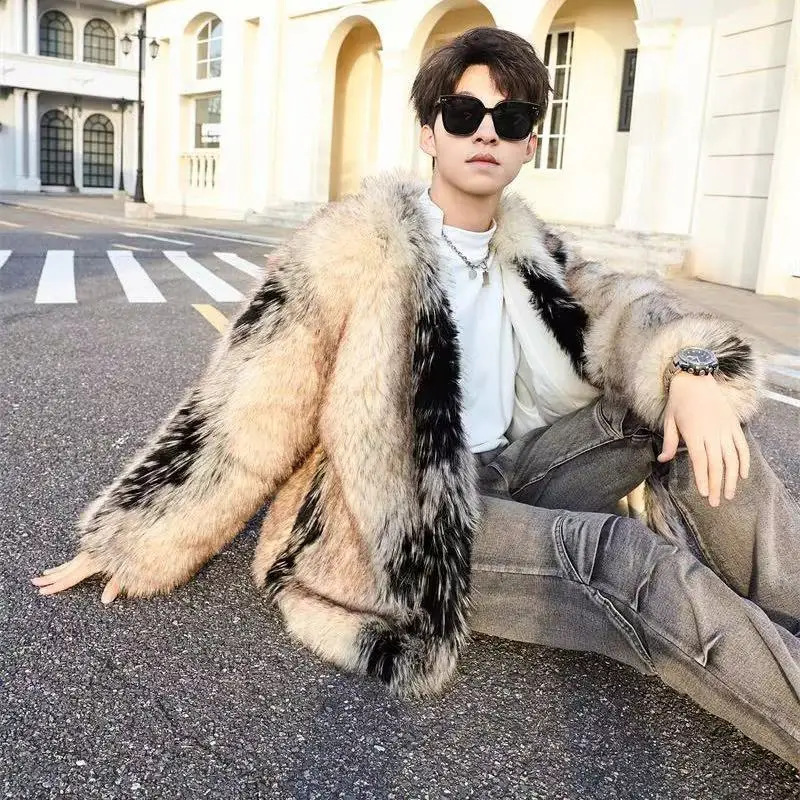 Trendy men's high-end feeling, thick and warm, environmentally friendly artificial fur fur coat, large size loose faux fur coat