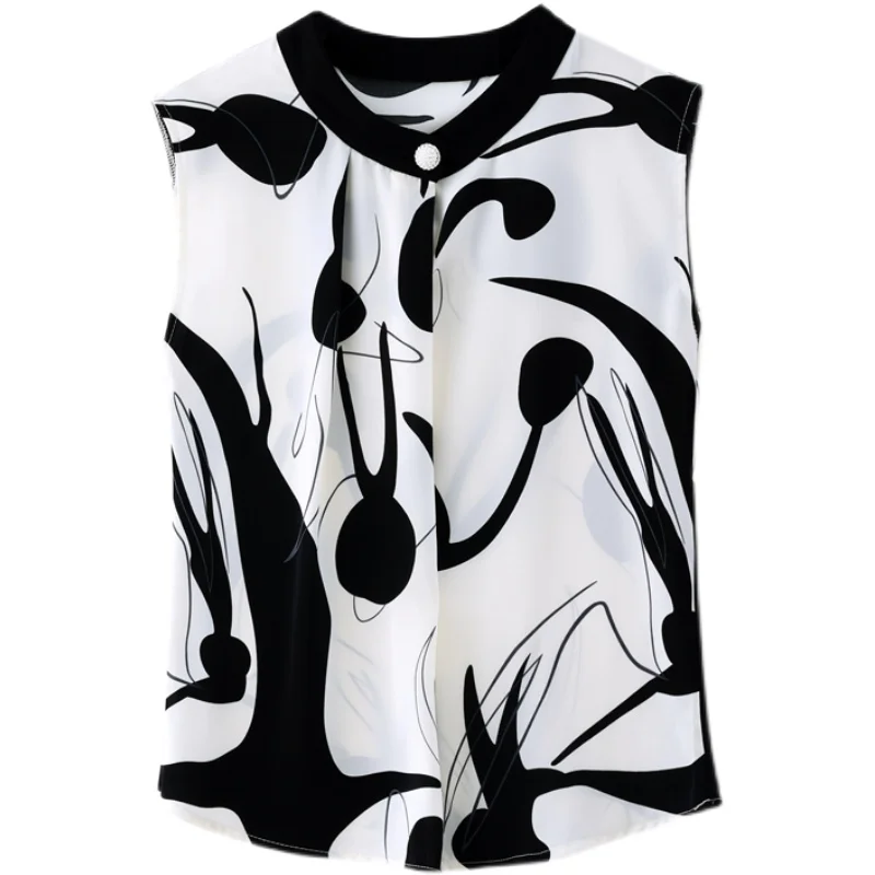 Fashion Women Blouse Elegant Chiffon Blouse Summer 2022 sleeveless White Print Top Office Lady Formal Shirts