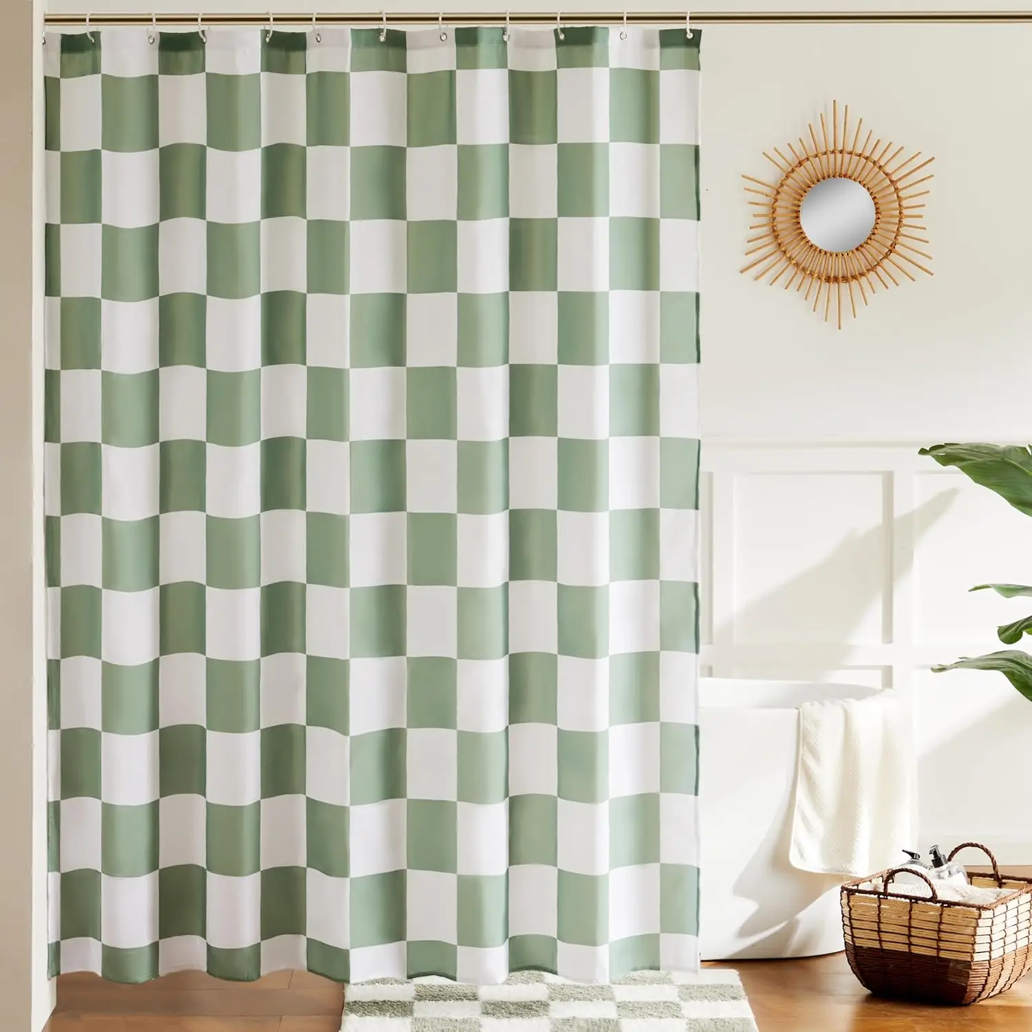 

Sage Green Checkered Shower Curtain, Retro Fabric Bath Curtain 72x72, Washable Waterproof Polyester