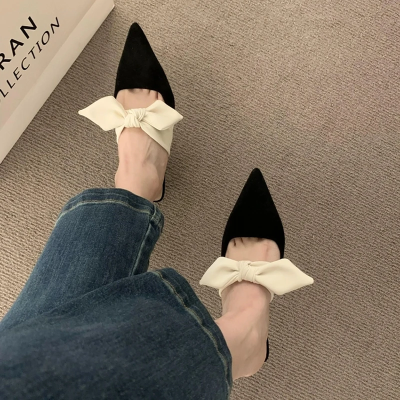

Female Shoes Cover Toe Butterfly-Knot Mules for Women 2024 Slippers Casual Square Heel Loafers Slides Med New Luxury Pointed