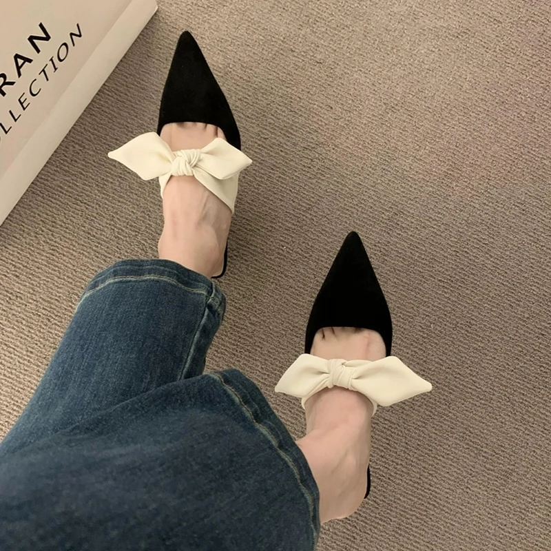 Female Shoes Cover Toe Butterfly-Knot Mules for Women 2024 Slippers Casual Square Heel Loafers Slides Med New Luxury Pointed