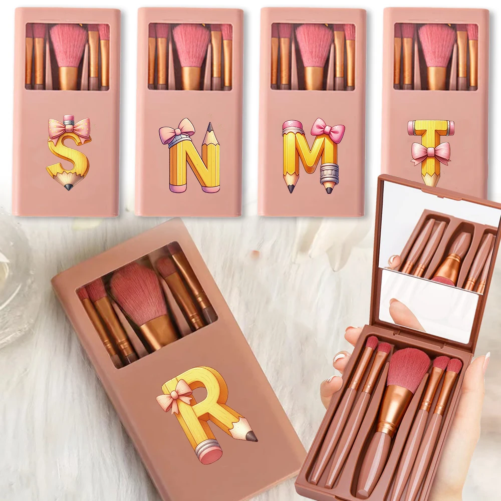 

5PCS Portable Multifunctional Makeup Brush Set Bring A Mirror Pencil Initial Name 26 Letters Pattern