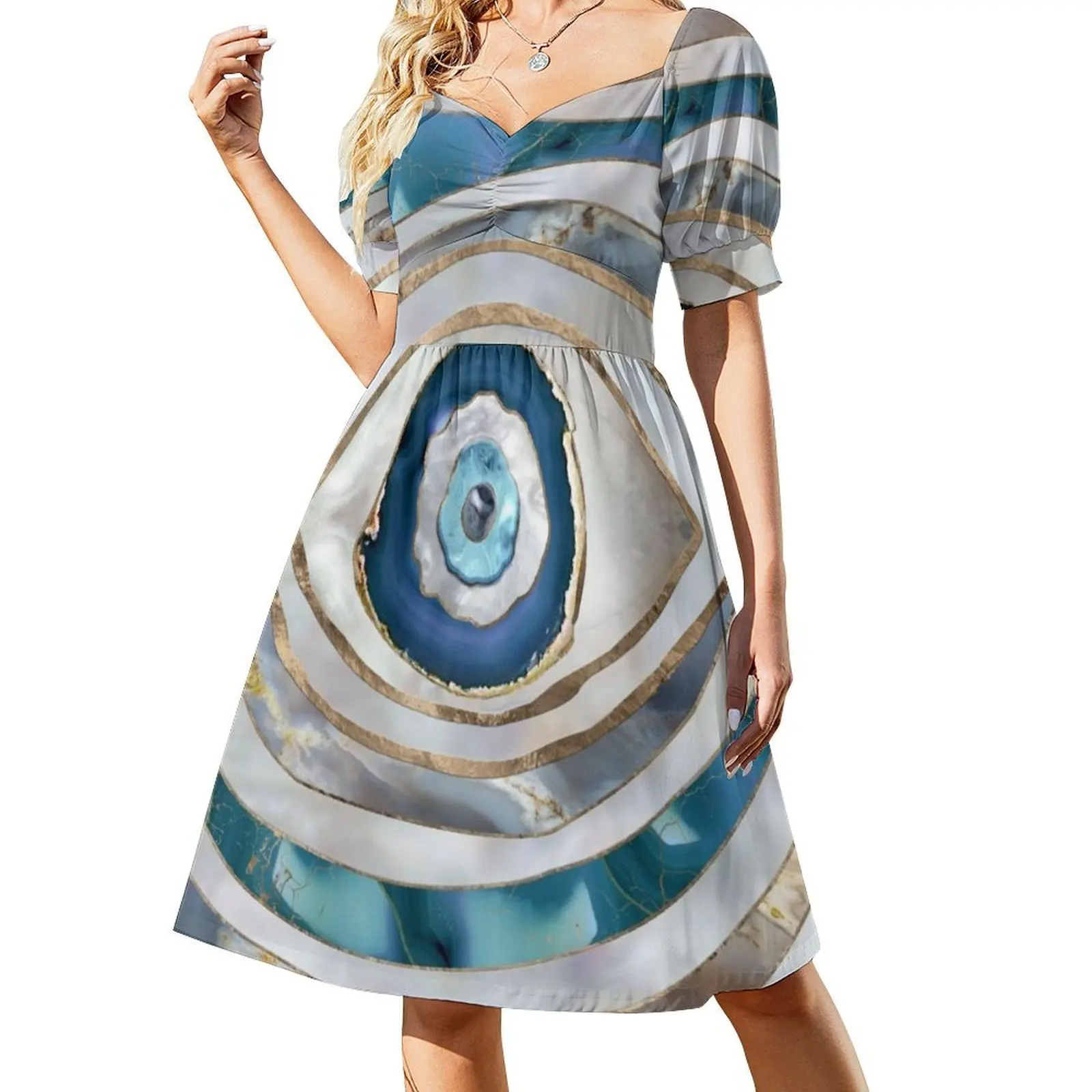 عين الشر المنسوجات المعدنية والذهب فستان عطلة مثير للنساء شاطئ حفلة عيد ميلاد فستان قصير عين الشر اليونانية ماتي ماتي #2