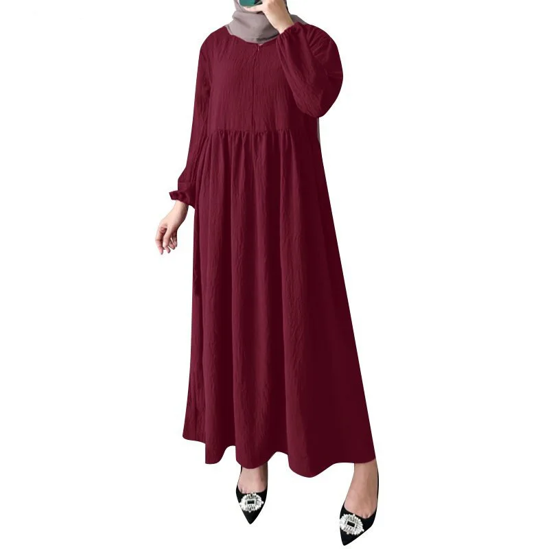 Muslim Robe New Zipper Round Neck Solid Color Bubble Sleeve Loose Dress