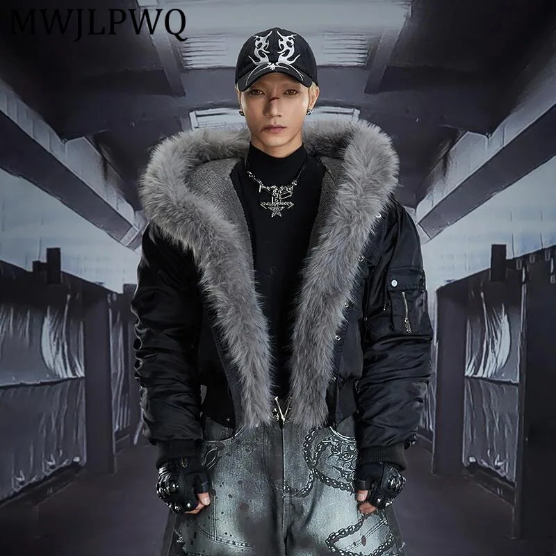 

MWJLPWQ Men's Detachable Fur Collar Ruched Sleeves Studded Hooded Padded Embroidered Design Fleece Short Jacket Street 13007