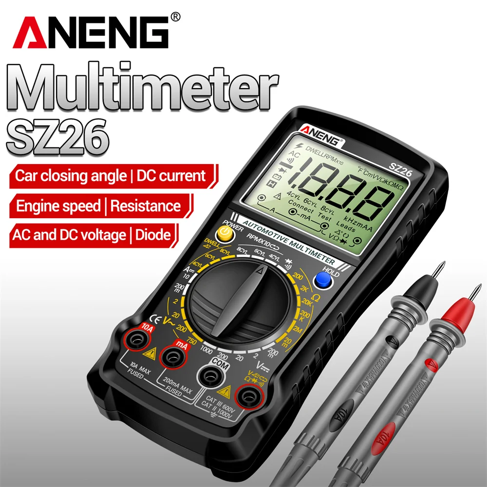 

Умный мультиметр ANENG SZ26 для авторемонта, 1999 показаний, измерение AC/DC напряжения, тока, NCV, сопротивления, частоты вращения двигателя, измерение углов, инструменты для авторемонта