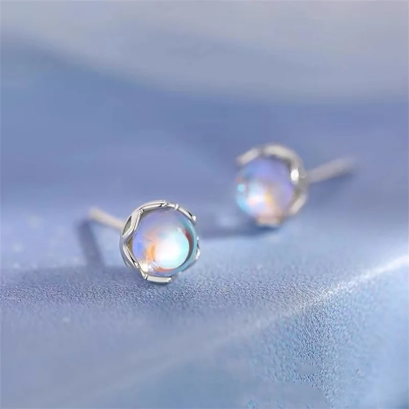 925 Silver Plated Moonstone Round Bead Stud Earring For Women Girls Wedding Party Jewelry Gift E379