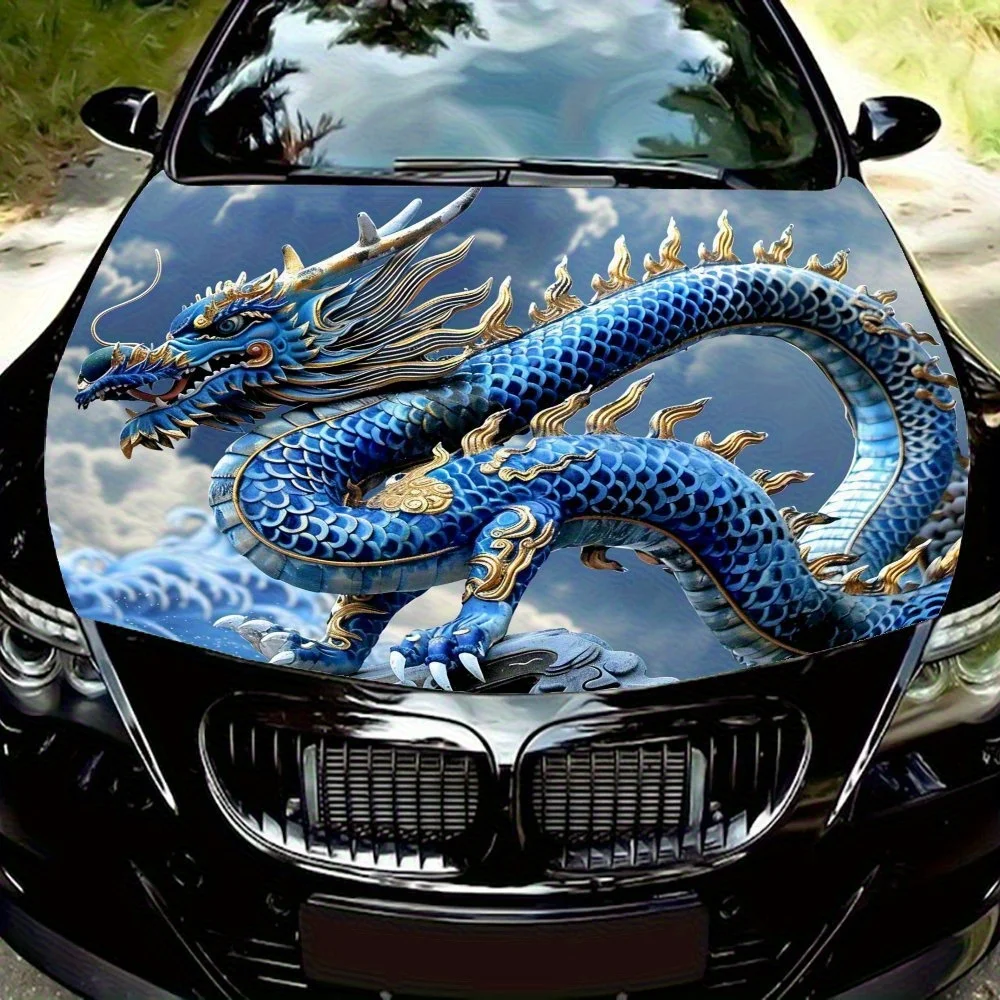 

Spiral Blue Dragon Car Cover Sticker Wrapped In Vinyl Film, Engine Cover Sticker, Car Cover Waterproof Protective Film, Car Part