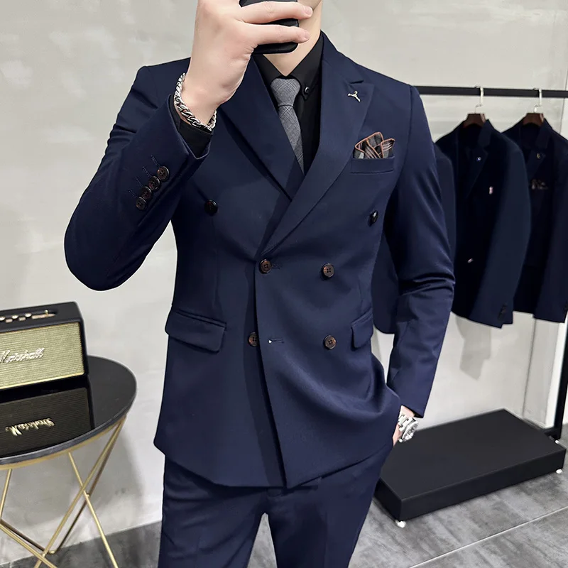 ( Blazers + Pants ) Boutique Fashion Solid Color Double-breasted Men's Casual Business Slim Suit 2-piece Set Groom Wedding Dress - view 6