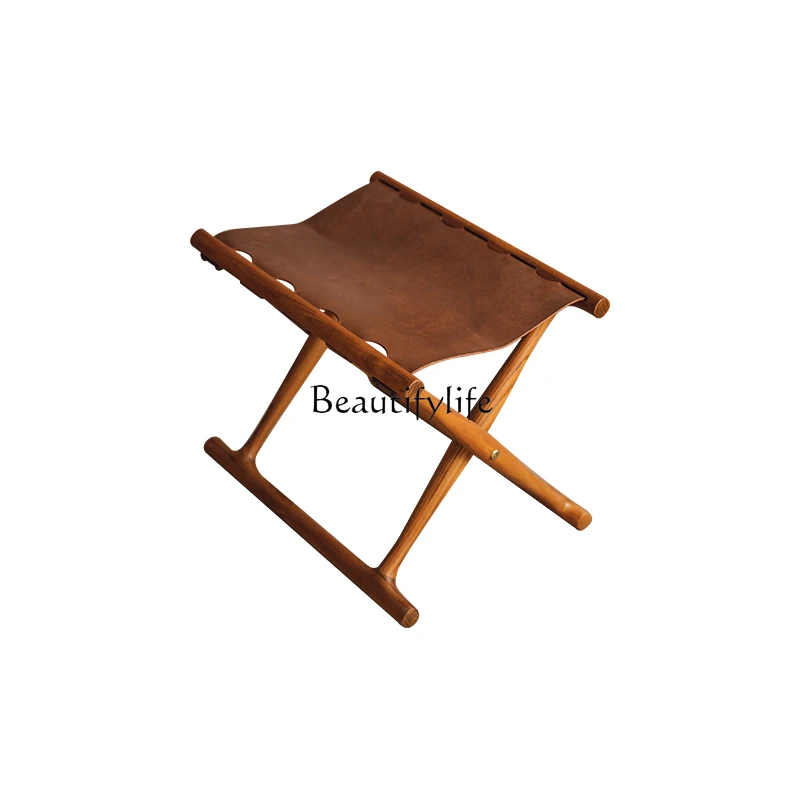 Imported Retro Solid Wood Stool Folded Cowhide Camp Chair Outdoor Portable Small Bench