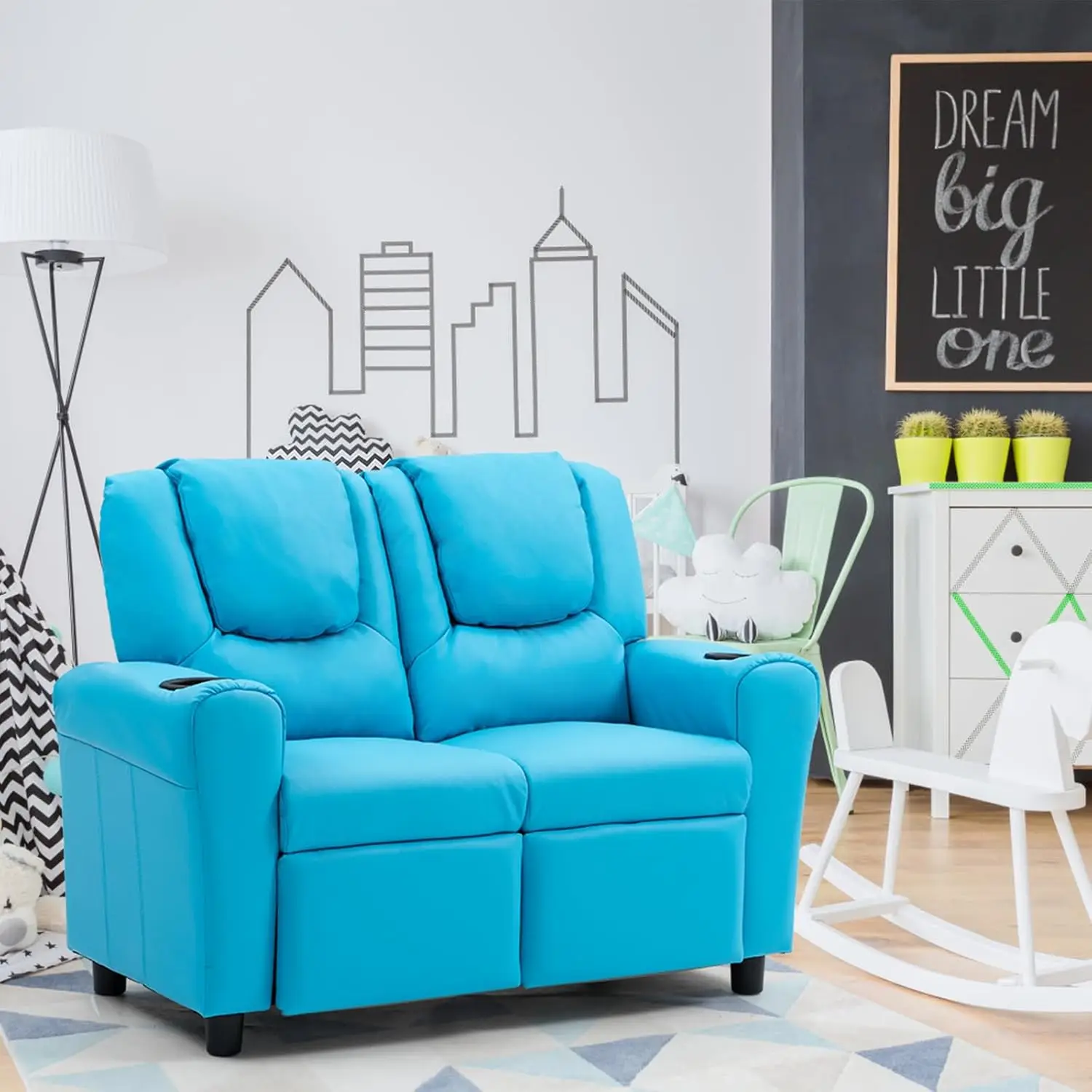 #Double Kids Recliner Sofa with Holders Retractable Footrest for Boys Girls Age