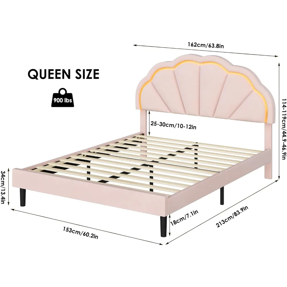 Rangka tempat tidur LED pintar berlapis kain Queen dengan papan Kepala kelopak cantik yang dapat diatur, rangka tempat tidur Platform ukuran Queen putri lembut