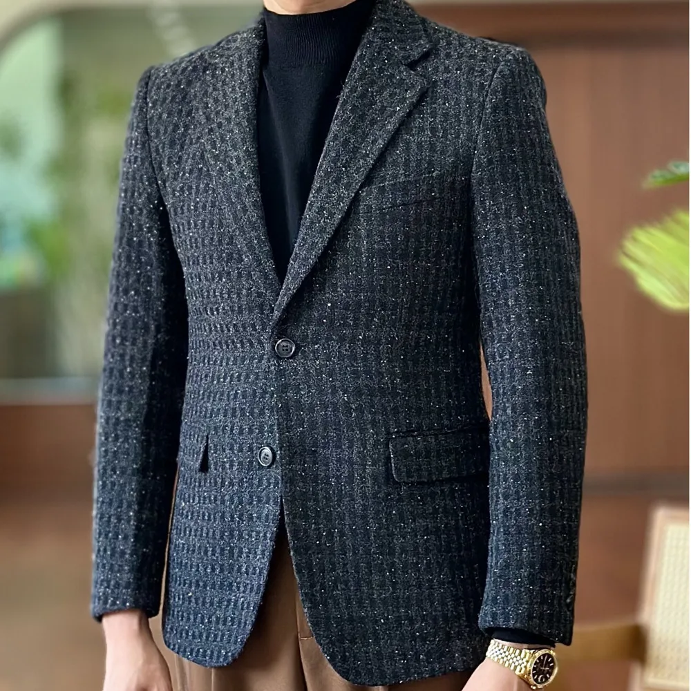 

Autumn Winter Heavyweight Plaid Thick Suit Jacket Warm High-end Versatile Gentleman Coat Wool Blend Mens Stylish Blazer Business