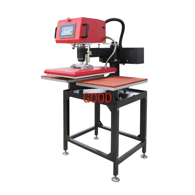 

Touch screen shaking head pneumatic double station heat transfer machine