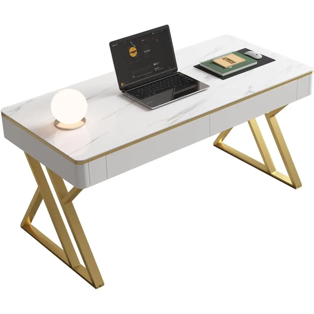 

Elegant Glass Top Computer Desk with Marble Accents, Wooden Gaming Desk, Thick Lacquered Desk for Home Office, Bedroom, and Livi
