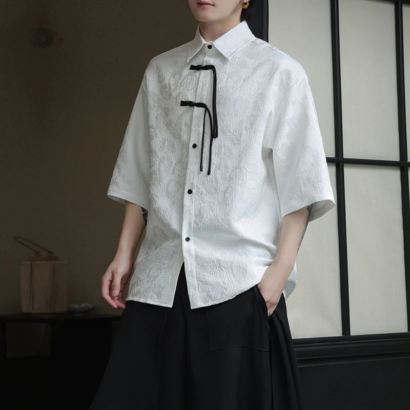 2024 Men Chinese Style Shirt Mens Tang Dress Hanfu Half-Sleeve Shirt Male Printing Kung Fu Outfit Loose Casual Tops