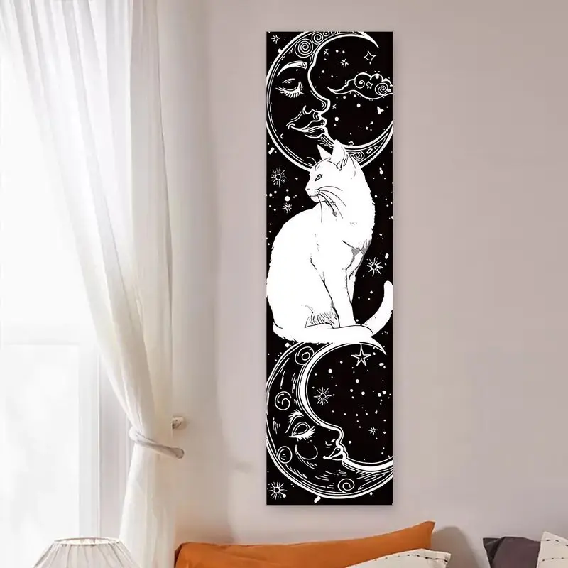 VIKAMA Black and White Star Moon Cat Strip Tapestry Wall Decoration Entrance Room Decoration Home Decoration