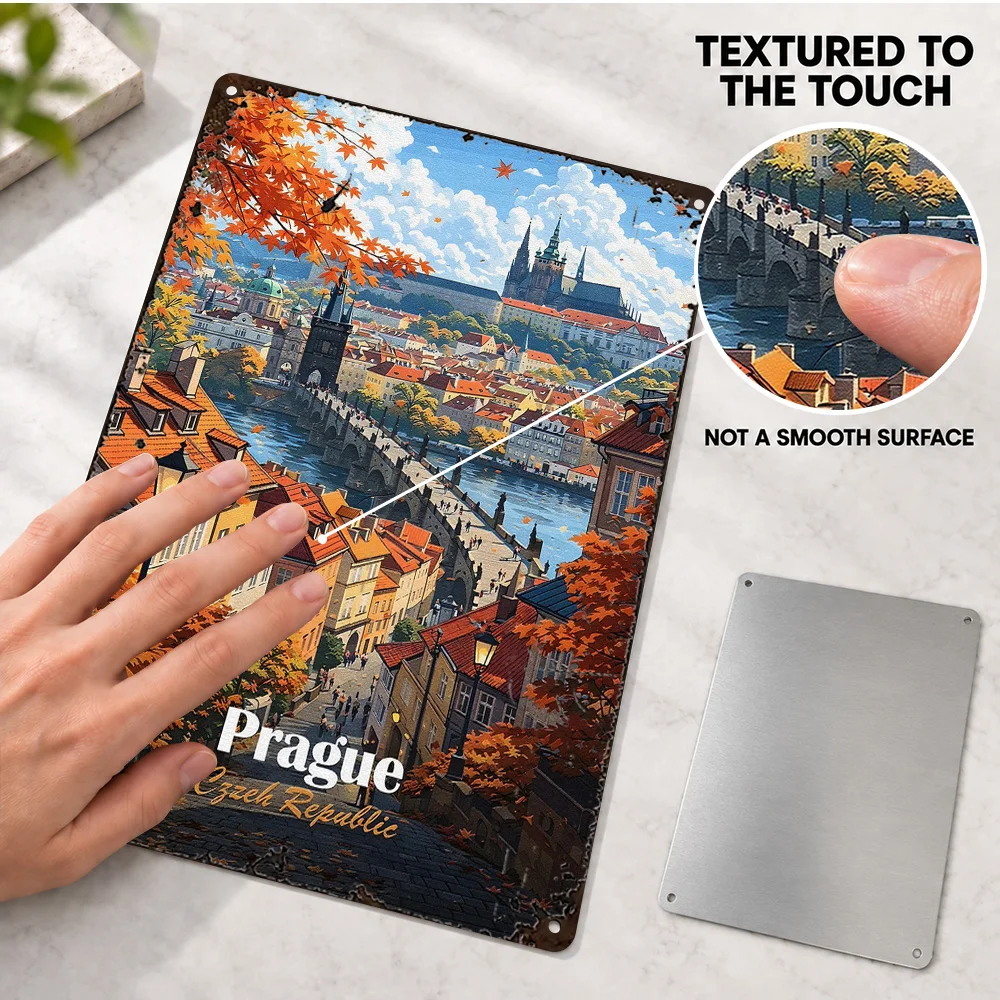 Prague In Autumn Printed Poster Retro Bold Contemporary Illustration Man Cave Wall Art Customized Aluminum Metal Sign Fan Gift