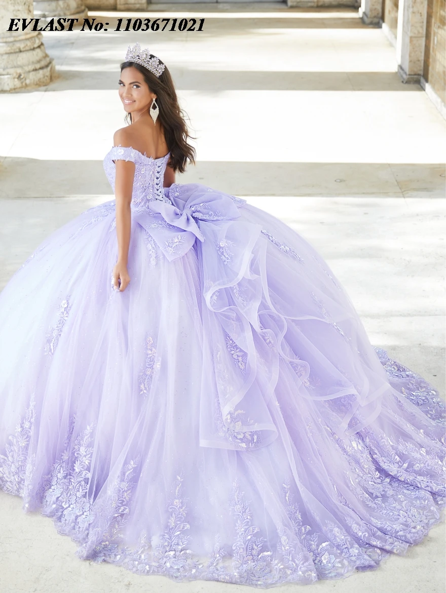 EVLAST Красное платье Quinceanera по индивидуальному заказу, бальное платье с блестками, кружевная аппликация, корсет с бантом из бисера, сладкий 16, Vestidos De XV Anos SQ329