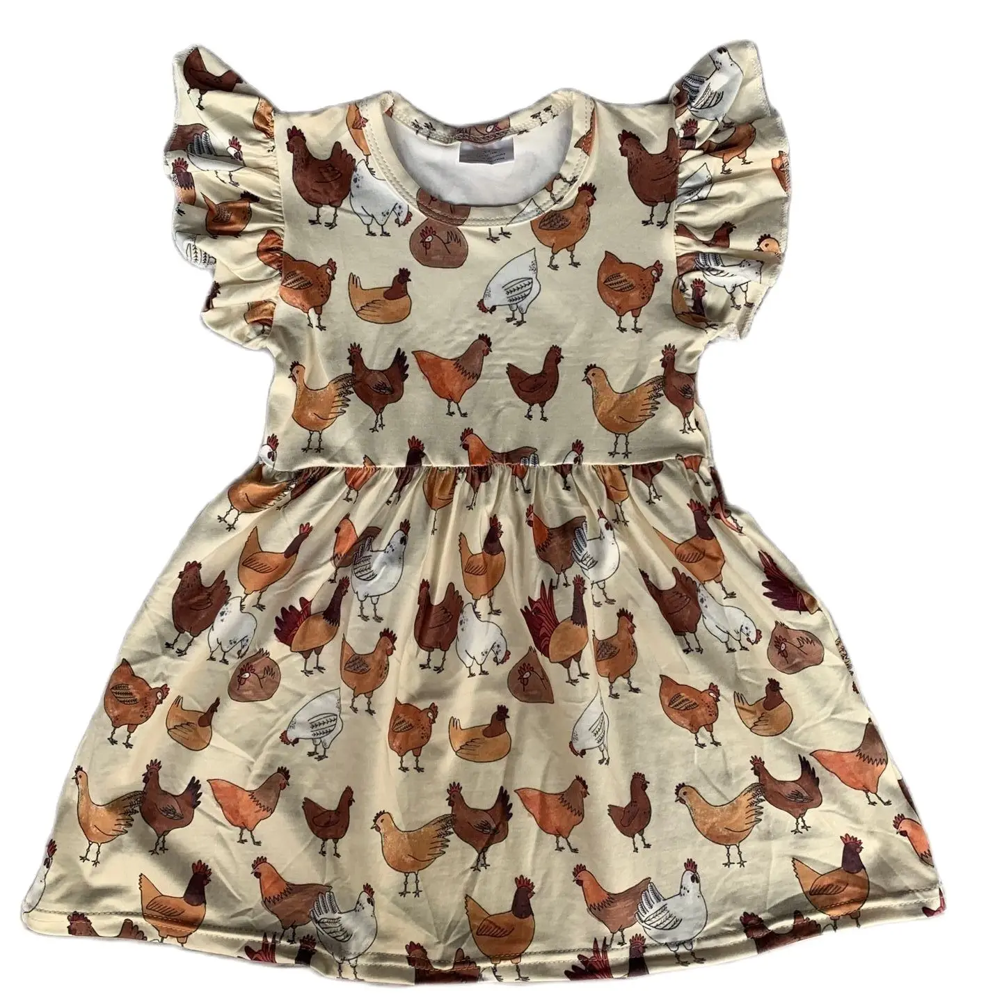 Summer Boutique Girls Dresses Beige Cute Chick Pattern Printing Small Flying Sleeve Dress