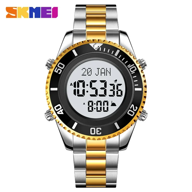 SKMEI 2141 Stainless Steel Digital Watche Muslim Azan Prayer Compass Clock Adhan Alarm Hijri Islamic Wristwatch with Back Light