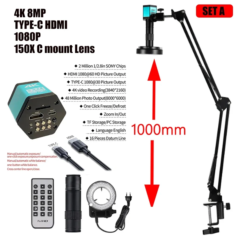 YIZHAN 1080P 48MP 4K Video Microscope Camera Zoom 150X C-mount Lens Big Vision For Phone Repair Digital Image Acquisition