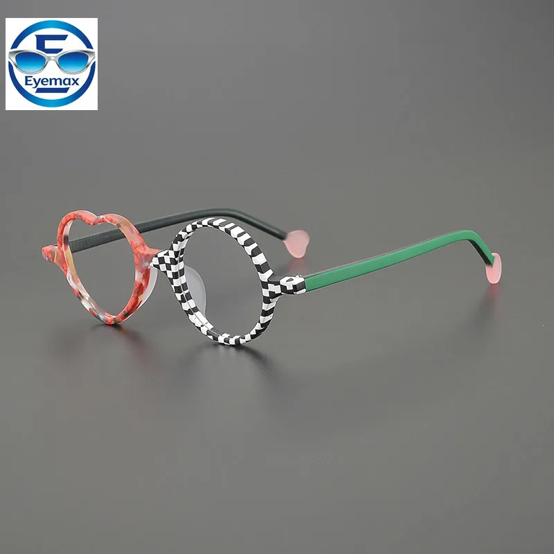 

Vintage Heart Shape Round Acetate Glasses Frame Women Men Retro Color Block Optical Prescription Eyeglasses Fashion Eyewear
