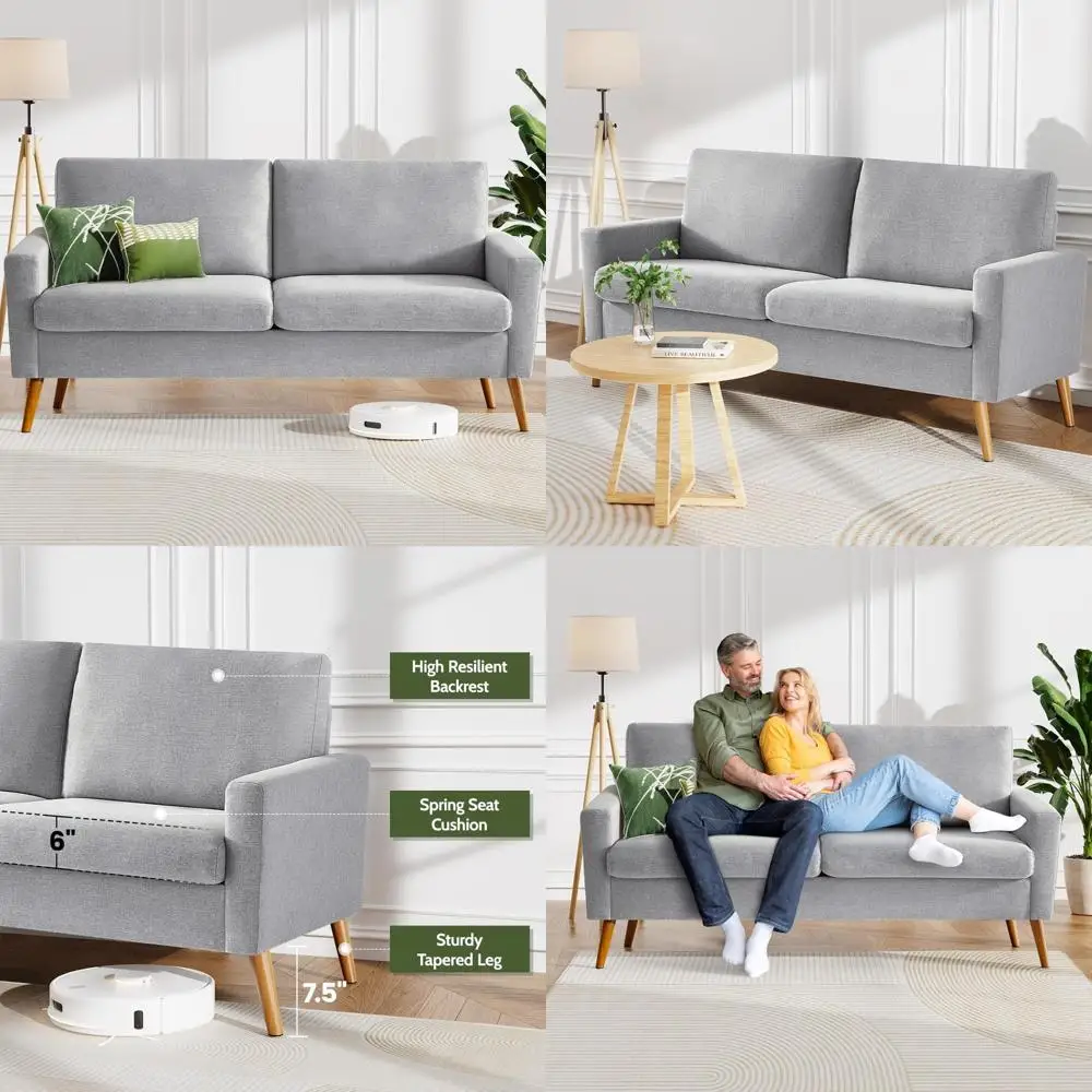 

Mid Century Modern Loveseat Sofa in Light Grey Linen for Living Room and Bedroom