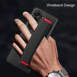 For Samsung Galaxy Z Fold 6 5 4 Case Shell Film Wrist Strap Bracket Lychee Pattern Leather Folding Shockproof Cover Accessories