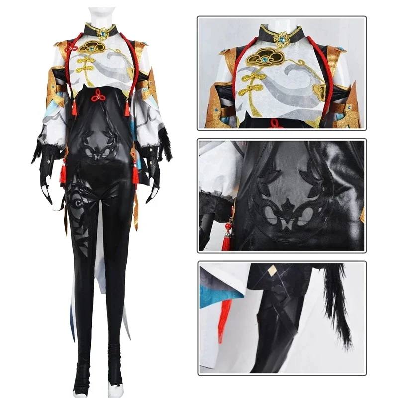 Shenhe-Disfraz de Genshin Impact para mujer, mono, peluca, Cosplay de Halloween