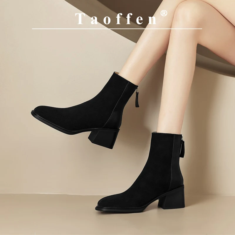 

Taoffen Winter Snow Boots For Women Keep Warm Wool Square Heel Retro Commute Shoes Cow Suede Round Toe Zipper Office Lady Shoes