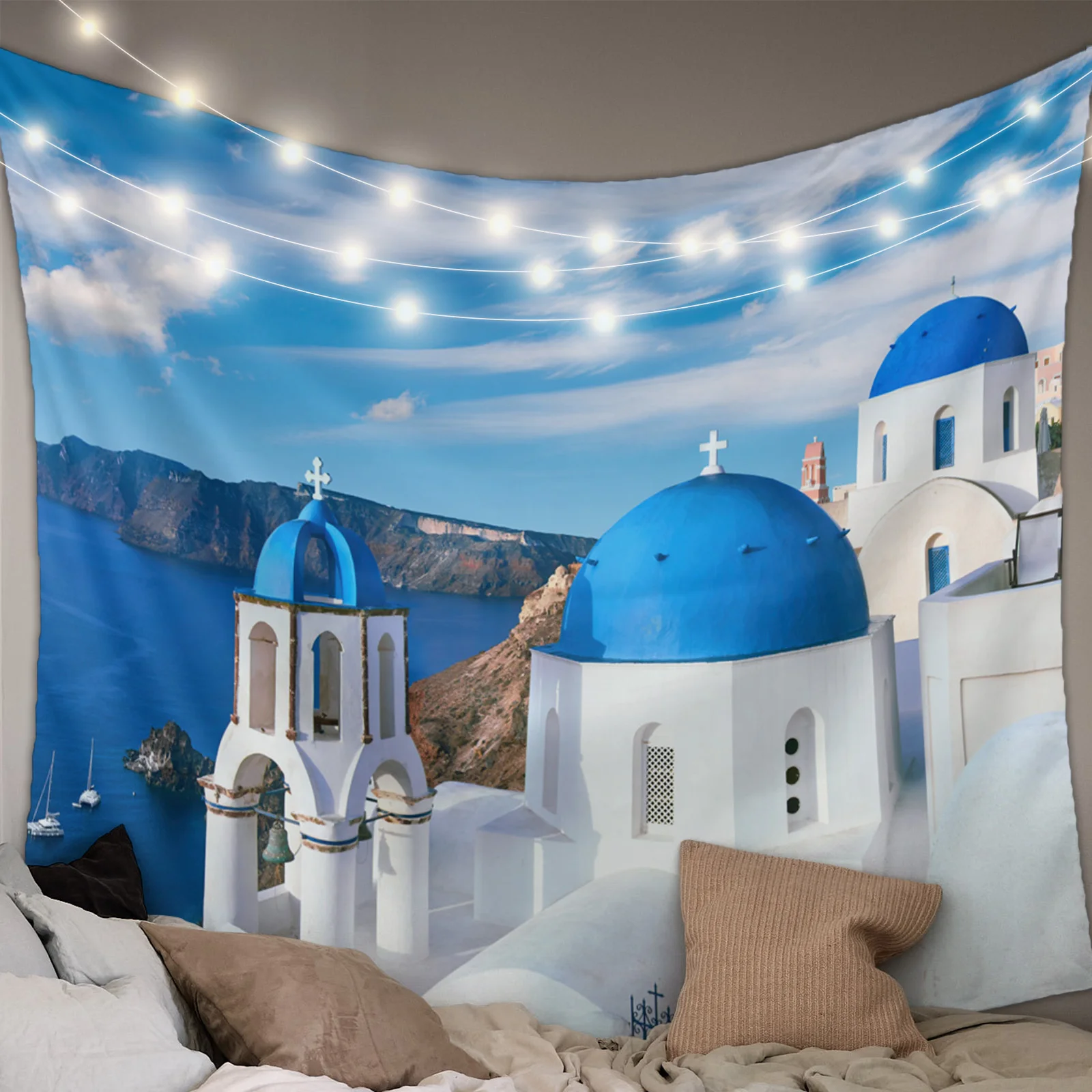 Greece Santorini Blue Roof Church Hippie Tapestry Fabric Wall Hanging Beach Room Decor Cloth Carpet Yoga Mats Sheet Sofa Blanket