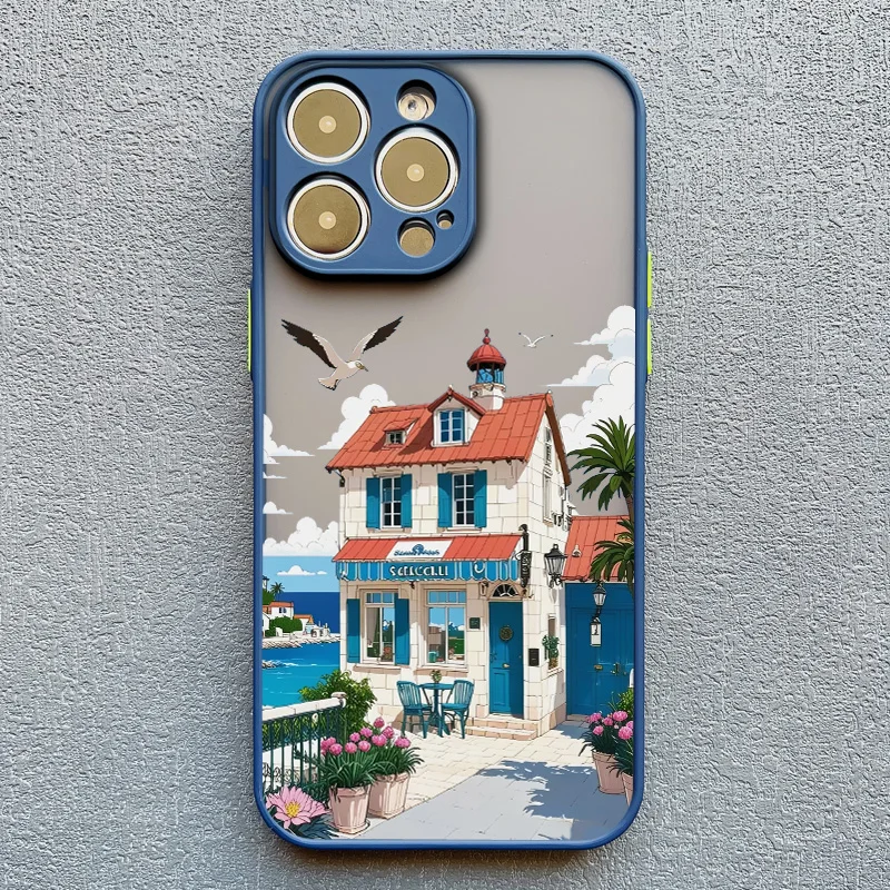Strandlandschaft Küstenstadt Handyhülle für iPhone 17 15 16 14 Pro Max Plus 13 12 Mini 11 Pro Max XS XR X Blaue Hüllen – Detail 7