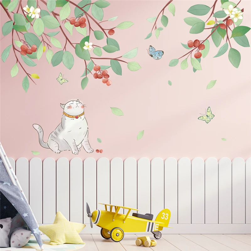 Floral Branch Cat Butterfly Wall Stickers For Shop Office Home Decoration Spring Plants Mural Art Pvc Decals Pastoral Poster