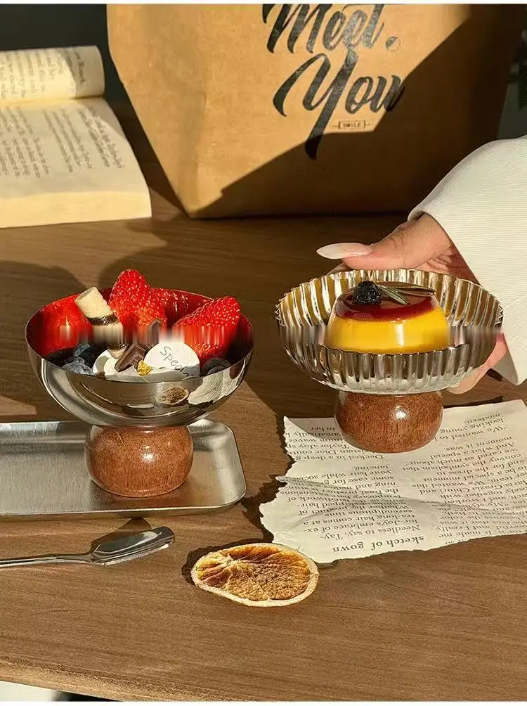 Stainless steel wooden base high footed dessert bowl petal patterned pudding bowl restaurant ice cream fruit small bowl