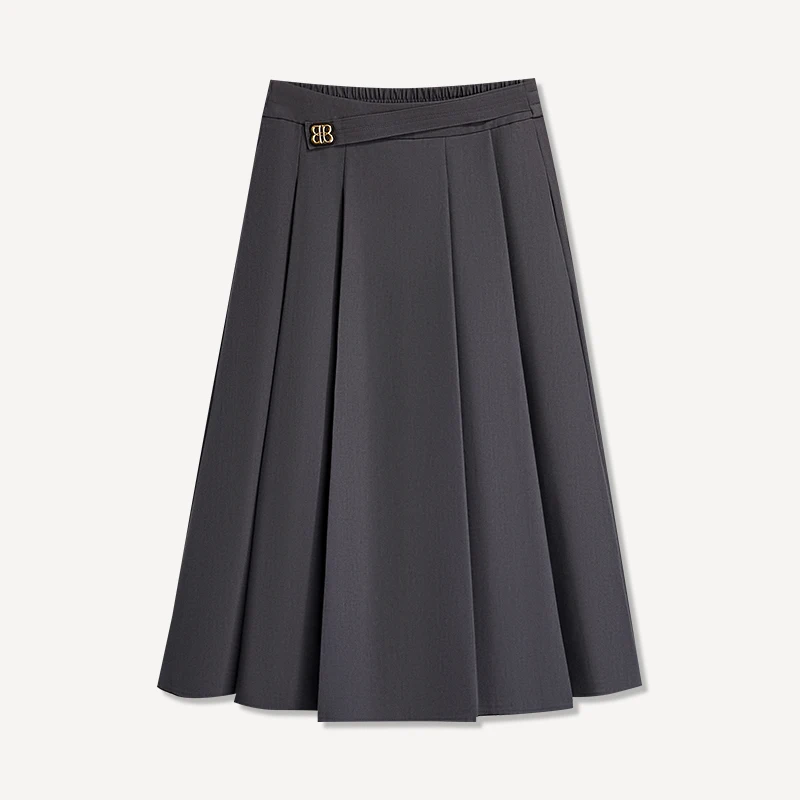 ZUZK النساء الصلبة OL التنانير جديد ربيع الخريف مرونة عالية الخصر الإناث أنيقة ألف خط منتصف طويلة تنورة سوداء Saia Preta