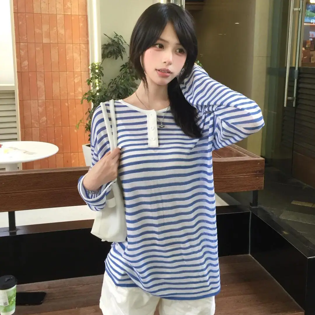 T-shirt Kimotimo pour femme, à rayures bleues et blanches, ample, à manches longues, décontracté, polyvalent, chic, coupe ajustée, idéal pour tous les jours, style coréen tendance.