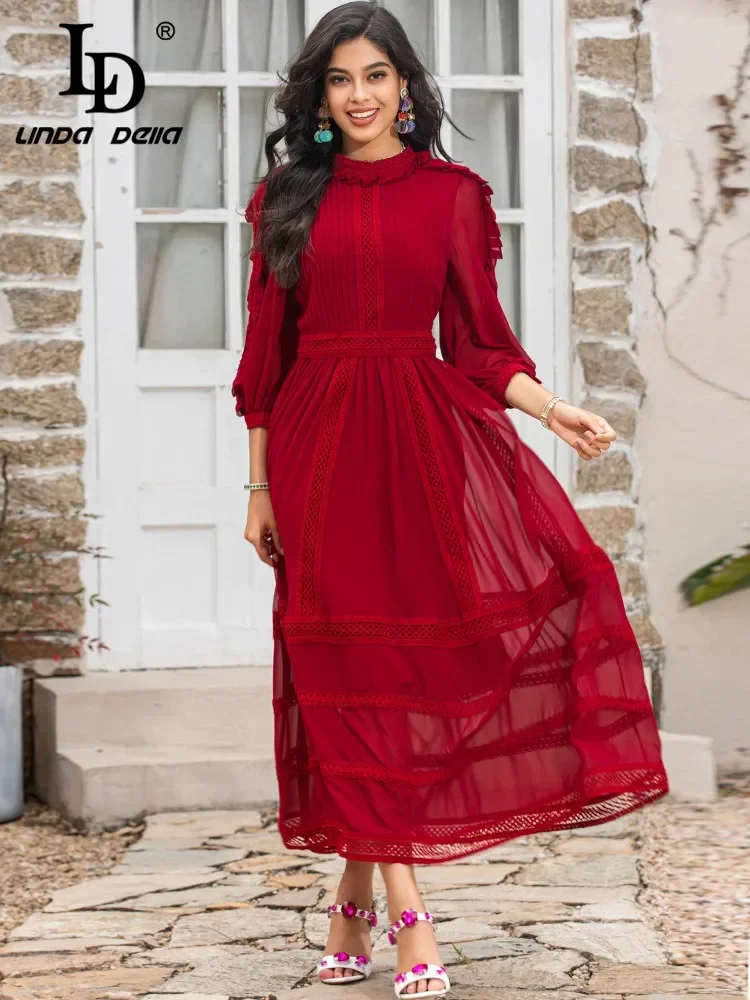 LD LINDA DELLA Designer Runway Summer Dress Mesh Flare Sleeve Lace Ruffle Trim-hem High Waist Big swing Red Party Long Dress