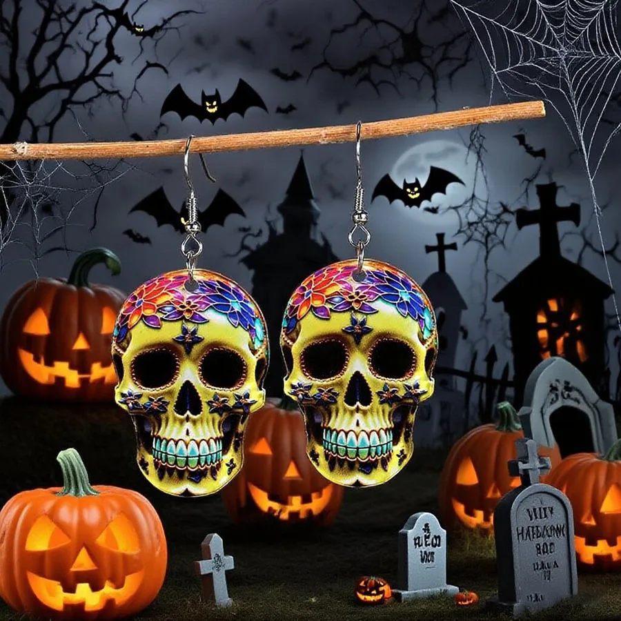 Flat Acrylic Gothic Skull Woman Earrings Halloween Festival Party Strange Pendant Ear Ornaments Perfect Gift For Girl Decoration