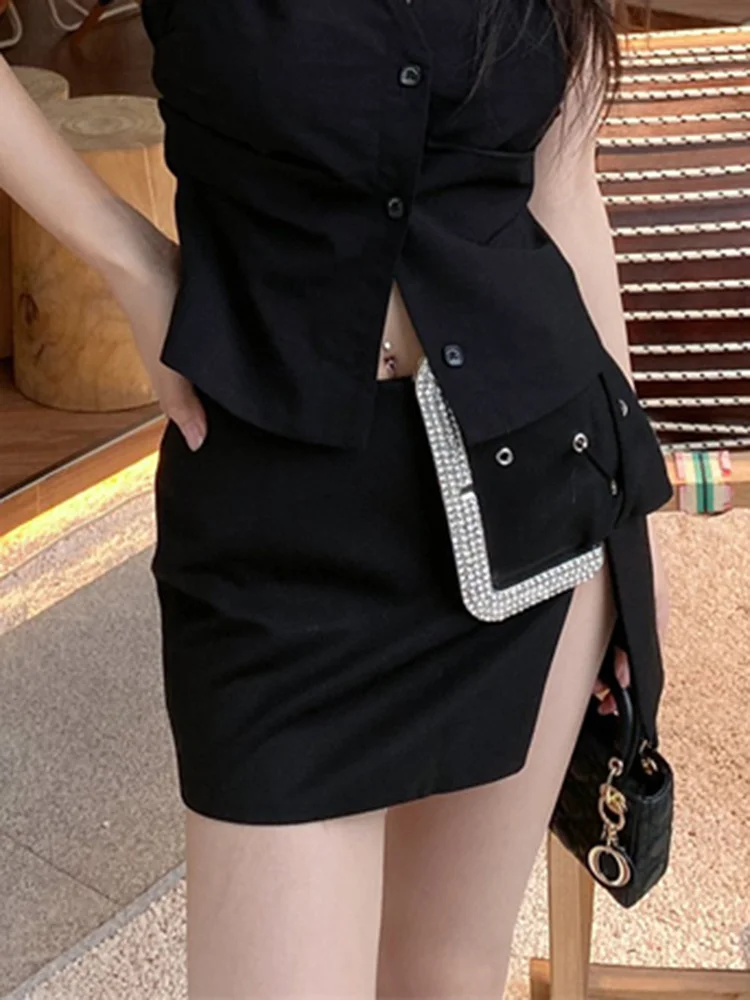 Summer Clothing Style New High Waist Irregular Hem Solid Black Patchwork Diamond Mini Skirt For Women