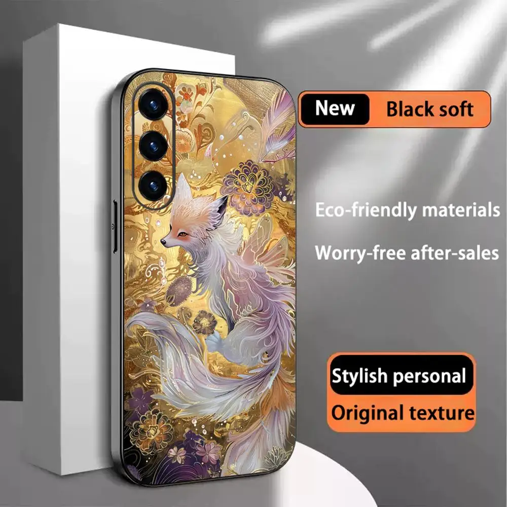 Fox Nine-tailed art fashion design Phone Case For Samsung Galaxy S26 S25 S24 S23 S22 S21 Plus Ultra Note20 Soft Black