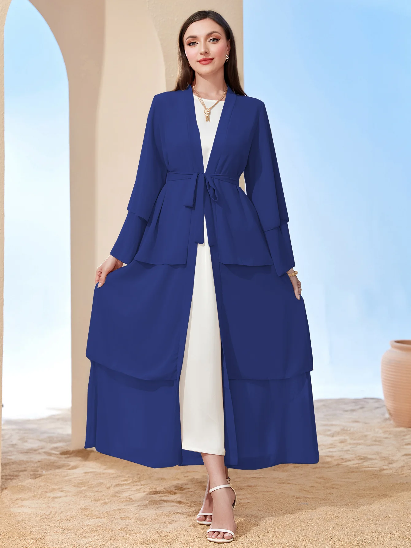 Ramadan kebaya Layered Open Front Abaya, Long Sleeve Dress With Belted , Without Hijab, Women\'s Clothing