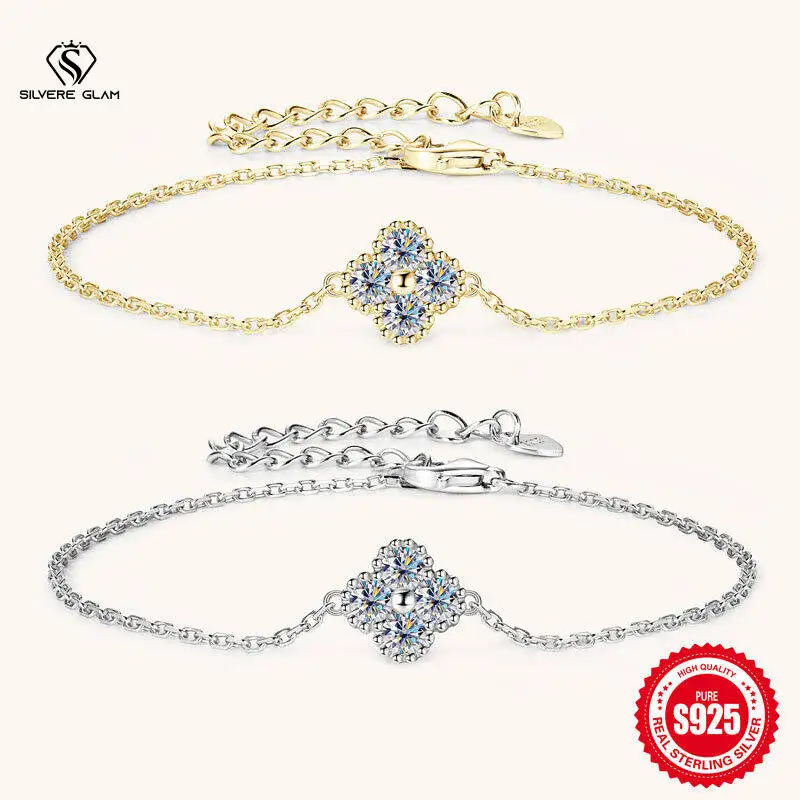 

SG 0.4ct Moissanite 925 Sterling Silver Bracelet For Women 18k Gold Plated Moissanite Chain Bracelet Four-leaf Clover Bracelet